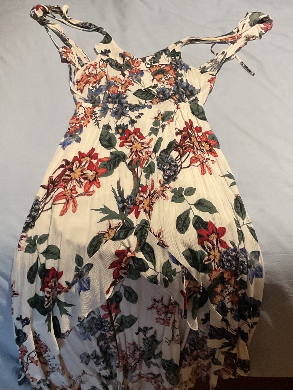 Floral Tie-Shoulder White Sundress with Red & Blue Blooms